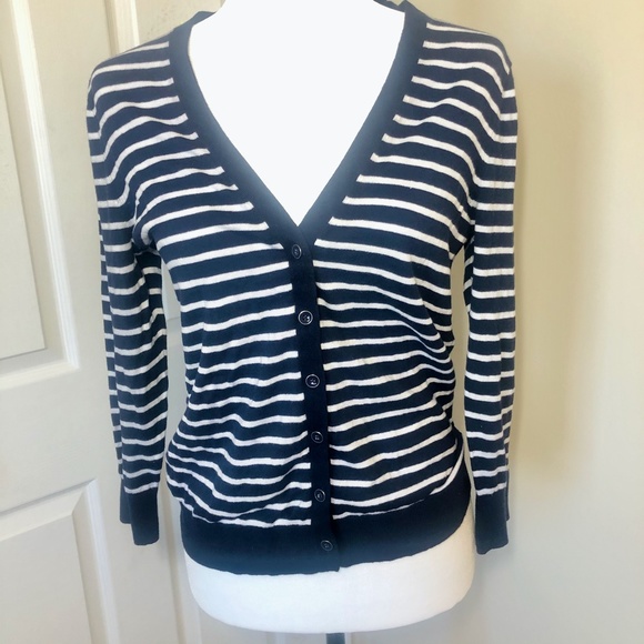 Gap V neck Cardigan Navy stripe M 100% cotton New! - Picture 2 of 7